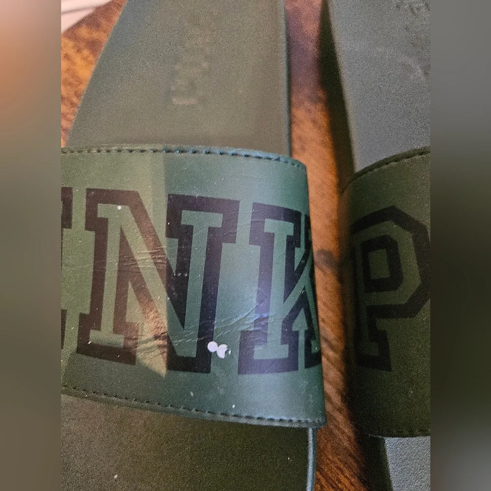Victoria’s Secret PINK Olive Green Logo Slides Sandals - Picture 2 of 7